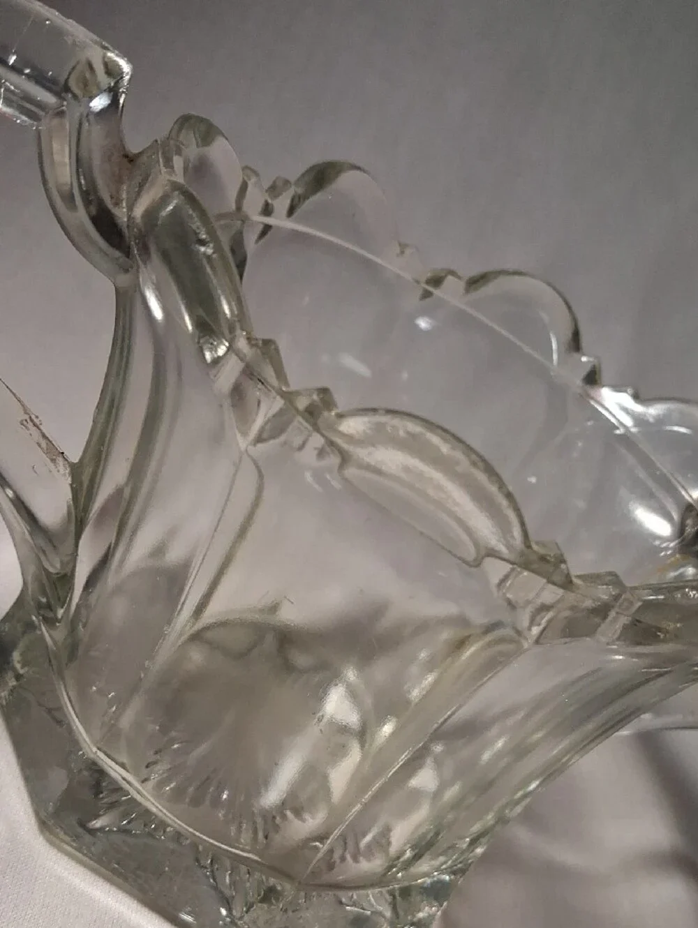 Vintage 1930s Open Glass Scalloped Sugar Bowl Handles Snowflake Design Bottom